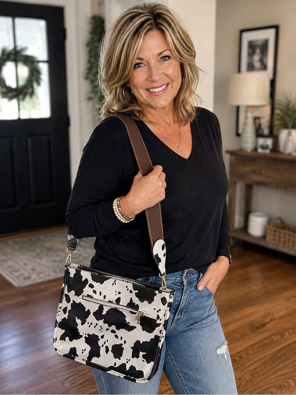 Cowhide-Print Crossbody Bag - Black & White